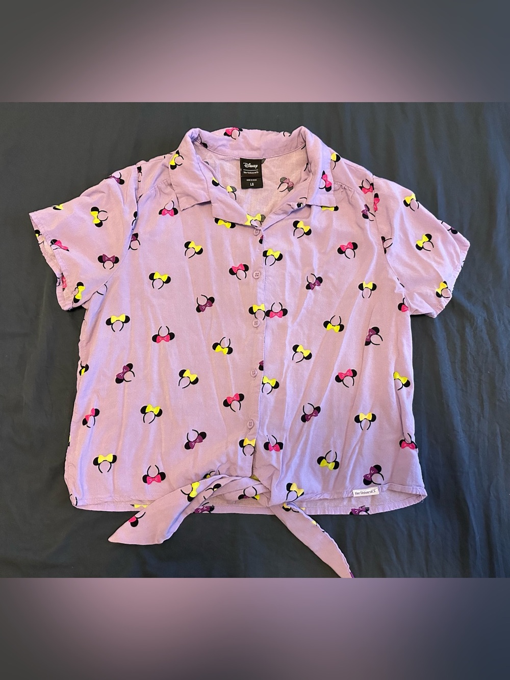 Disney Lavender Minnie Mouse Tie-Front Shirt - Minnie Ear Pattern - Size Large